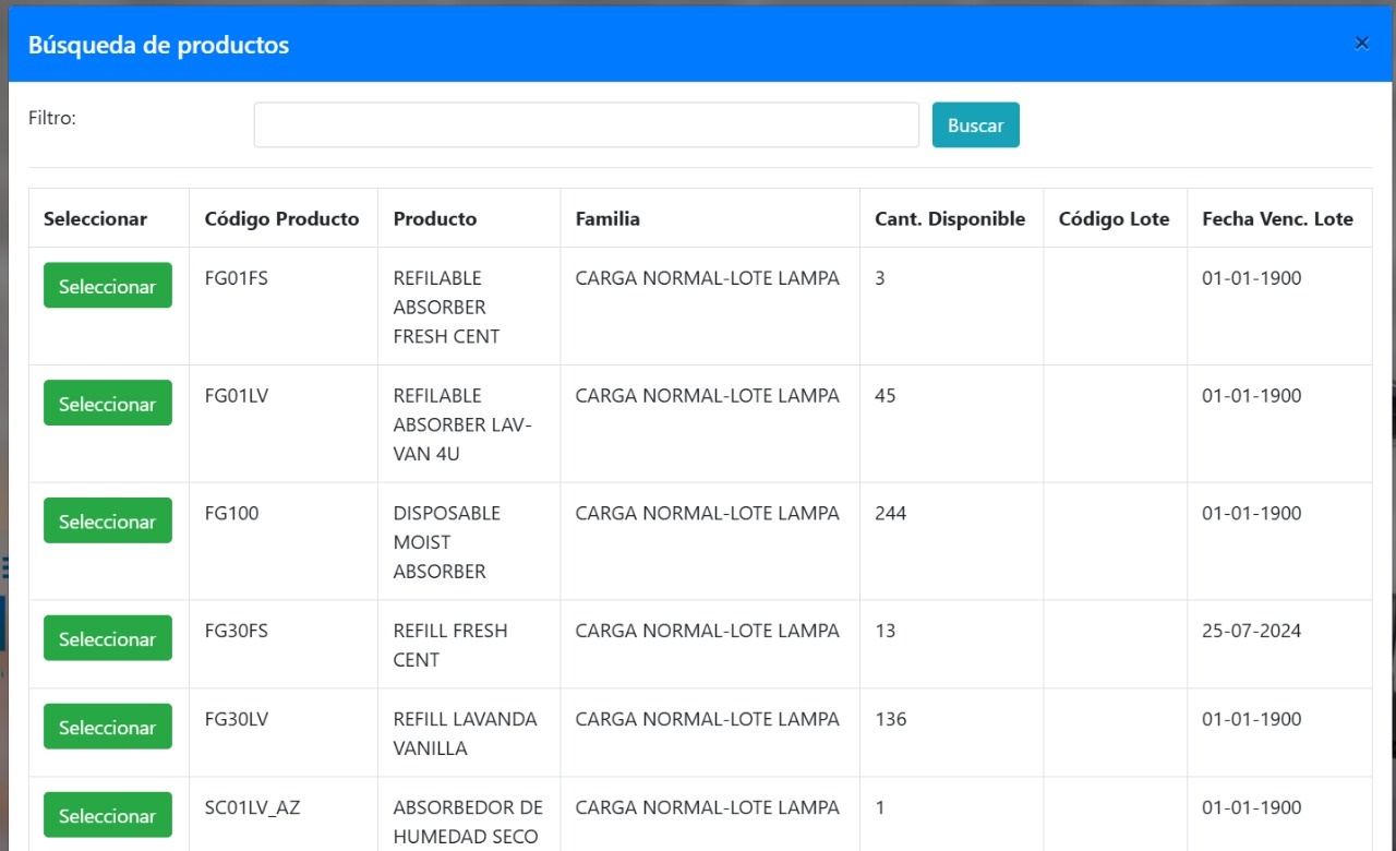 Pantalla del portal de clientes ERGO mostrando la búsqueda de productos con código, familia, cantidad disponible y fecha de vencimiento de lote